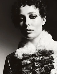 Black and white portrait of Celeste Fitzpatrick wearing a dark frogged coat with a white shearling collar for Zoo Magazine.