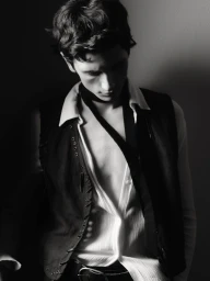 Black and white portrait of model Jack Stewart wearing an unbuttoned white shirt and dark vest with dramatic shadows.