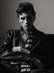 Man wearing a black leather jacket and striped scarf with arms crossed for the Magoa project in Rain Magazine
