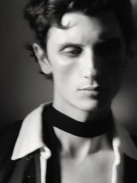 Black and white portrait of a man wearing a dark jacket with a white collar and black neckband.
