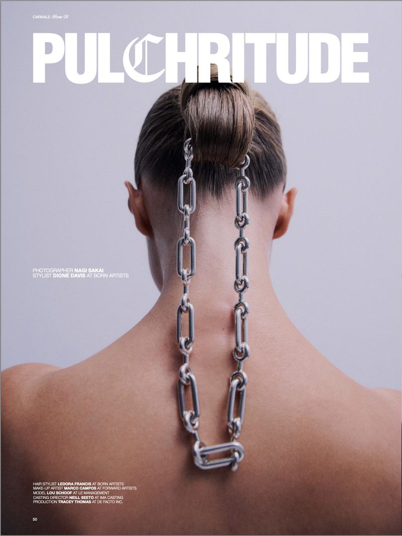 Magazine cover featuring a woman's back with a chain and styled hair against a grey backdrop. Pulchritude magazine title visible.