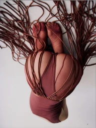 Model Lou Schoof posed in a burgundy fringed bodysuit and sheer tights on a seamless white studio background.