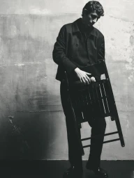 Model Henry Kitcher holds a folded wooden chair against a textured studio backdrop in a black jacket and dark trousers.