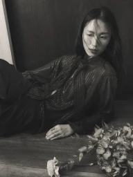 Monochrome portrait of a woman in a striped metallic blouse reclining on a wooden surface beside floral blooms.