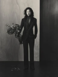 Model wearing a tailored black suit holding a bouquet of flowers in a vase against a wooden panel studio backdrop.