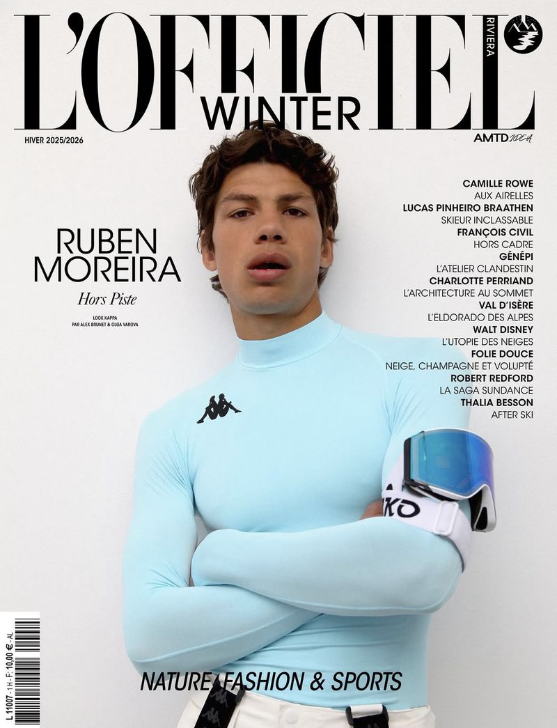 Magazine cover featuring Ruben Moreira in a light blue long-sleeve shirt with ski goggles, promoting nature, fashion, and sports.