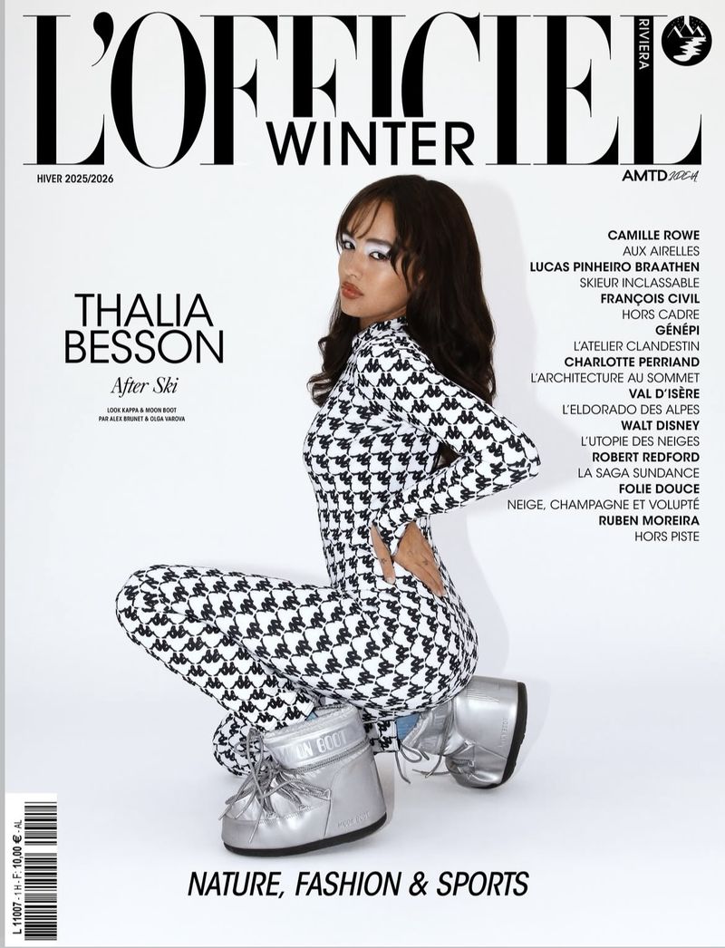 L'Officiel Riviera Winter 2025/2026 cover featuring Thalia Besson in patterned jumpsuit and silver snow boots against white backdrop.