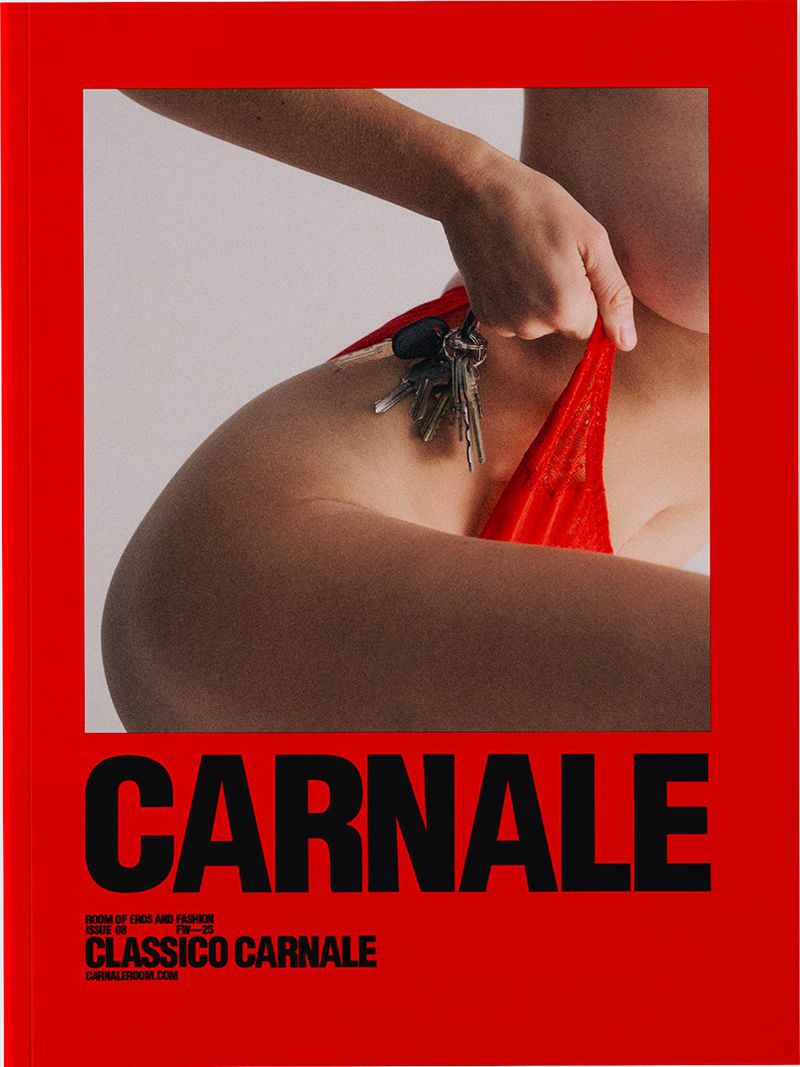 Close-up of a woman's torso holding keys next to a red bathing suit bottom against a white background, framed by a red border, magazine cover.