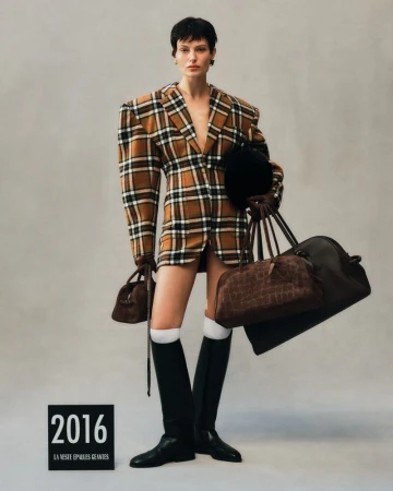 Fashion editorial shot of a woman in a plaid blazer dress, knee-high boots, and carrying handbags, set against a neutral backdrop.