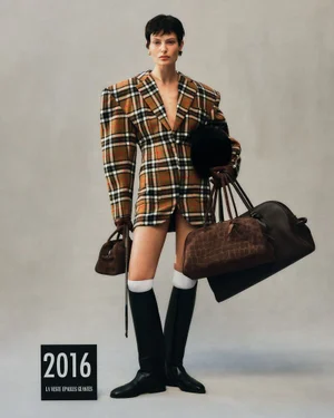 Model in plaid oversized blazer holding multiple handbags wearing knee-high boots against a grey studio backdrop