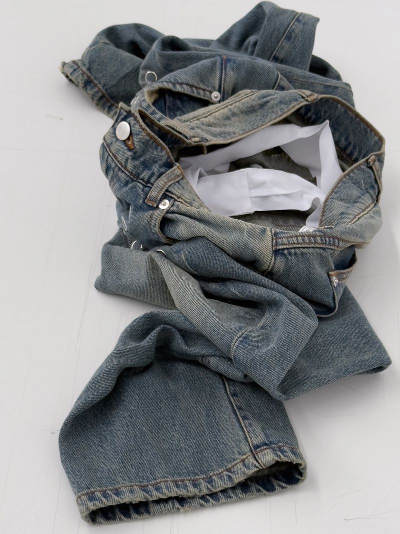 Faded blue jeans with visible seams and metal buttons, casually crumpled on a white surface with soft, diffused studio lighting.