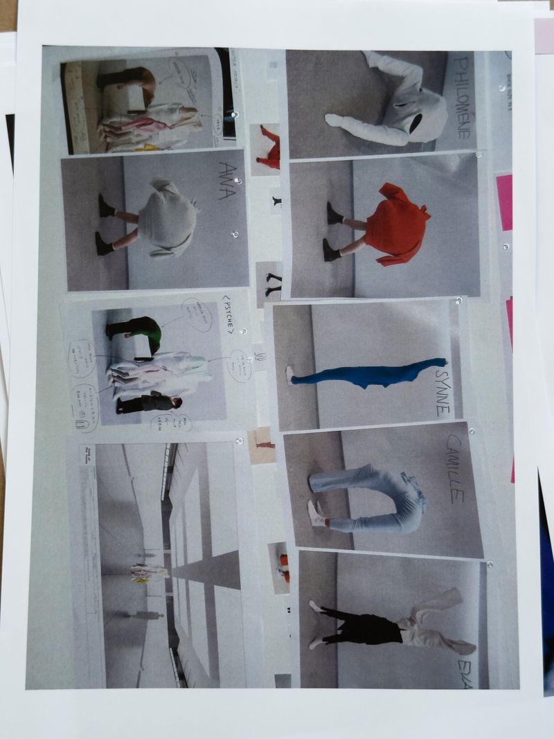 Collage of fashion design sketches with human figures wearing various outfits in different poses, set against plain backgrounds.