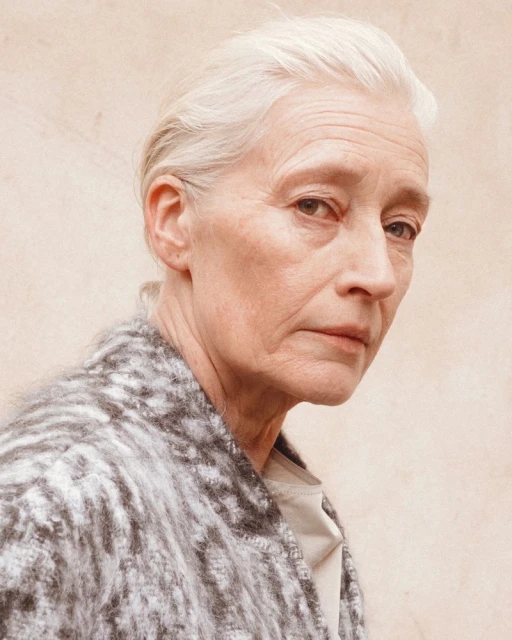 Close-up portrait of an adult woman with white hair in a light brown and gray jacket against a neutral-toned background.