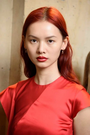 Model with red hair and red top wearing earrings during Marine Serre fashion backstages