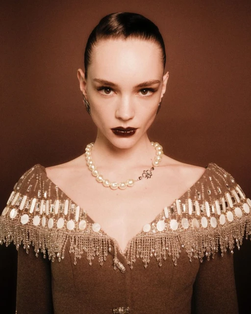 Portrait of a female fashion model with dark lipstick and elegant, beaded pearl-embellished couture against a muted brown backdrop.