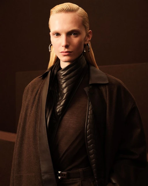 Fashion portrait of a fair-skinned model with blonde hair wearing a brown jacket, leather scarf, silver hoops against a brown background.