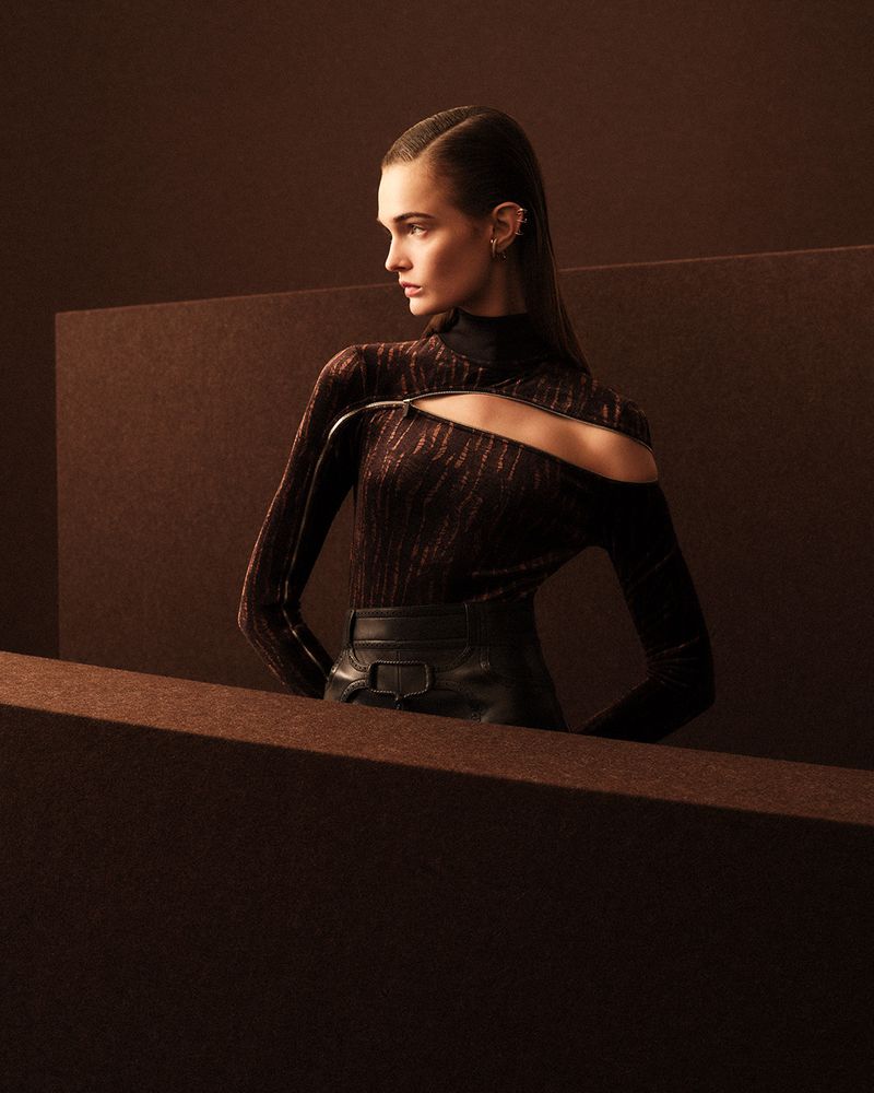 Portrait of a fashionable adult female model with long brown hair, wearing a dark brown turtleneck top with a cutout and a black leather skirt.
