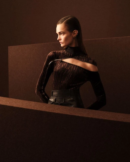 Portrait of a fashionable adult female model with long brown hair, wearing a dark brown turtleneck top with a cutout and a black leather skirt.