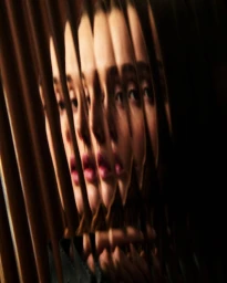 Close-up multiple exposure portrait of model Lulu Tenney framed through vertical slats for Hermes