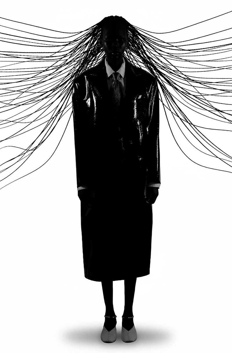 Stylized studio portrait of an adult woman in a glossy black coat, white collared shirt and tie, black wires radiating from her head against white.