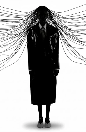 Stylized studio portrait of an adult woman in a glossy black coat, white collared shirt and tie, black wires radiating from her head against white.