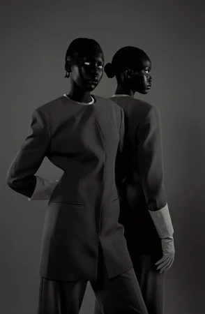 Two African adult females in a formal studio portrait. The women are wearing matching black suits, gloves, and slicked-back hair. 
