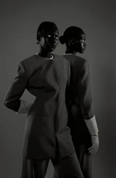 Model Josephine Dau posing in a tailored grey suit jacket with white cuffs against a dark seamless backdrop.