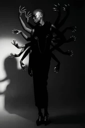 Black and white fashion portrait of a model with multiple extended arms and long light fingernails for PAP Magazine project Nightmare.