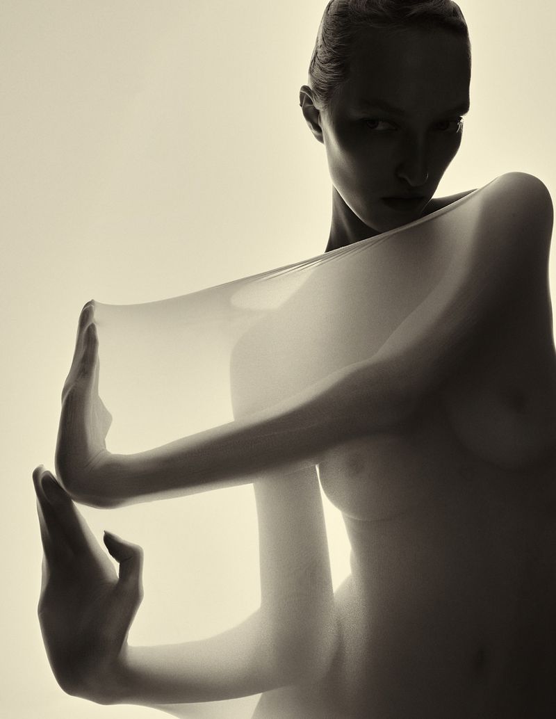Conceptual studio portrait of a nude adult female with hands on a semi-transparent veil, shot with diffused lighting against an off-white background.