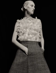 Model Liza Ostanina wearing a white feathered sleeveless top and grey textured skirt with hand in pocket against a black background.