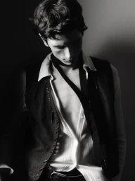 Monochrome portrait of a young male model wearing an unbuttoned white shirt and dark vest for Rain Magazine.