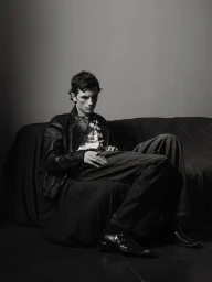 Model Jack Stewart seated on a dark draped couch wearing a leather jacket and dark jeans in a black and white fashion editorial portrait.