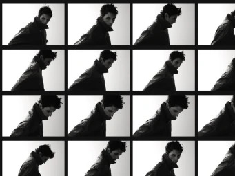 Black and white contact sheet grid showing a man in a high-collared jacket turning his head against a bright backdrop.