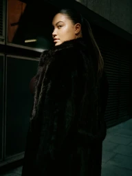 Woman wearing a dark faux fur coat looking back over her shoulder in a dimly lit urban setting at night