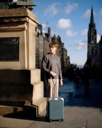 Young man standing on a stone street holding a rolling suitcase with historic buildings and a church spire in the background.