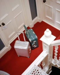 Two Rimowa suitcases, silver and green, standing on a bright red carpeted hallway next to white paneled doors.