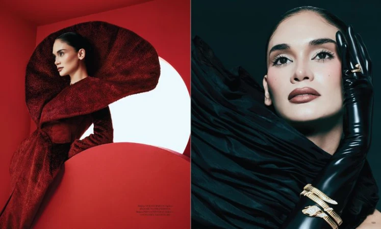 Two portraits of woman: left in red gown and hat; right in black gown with snake bracelet, showcasing fashion and beauty elements.