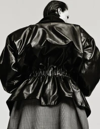 Back view of a model wearing an oversized cinched black leather jacket and a grey plaid skirt against a plain studio background.