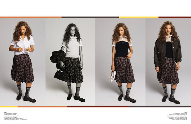 Fashion editorial showcasing a model in four poses, styled with preppy outfits featuring plaid skirt, socks, and loafers on grey background.