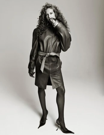 Fashion shot of a curly-haired woman in a leather dress and heels, striking a pose in a photo studio with a light grey background.