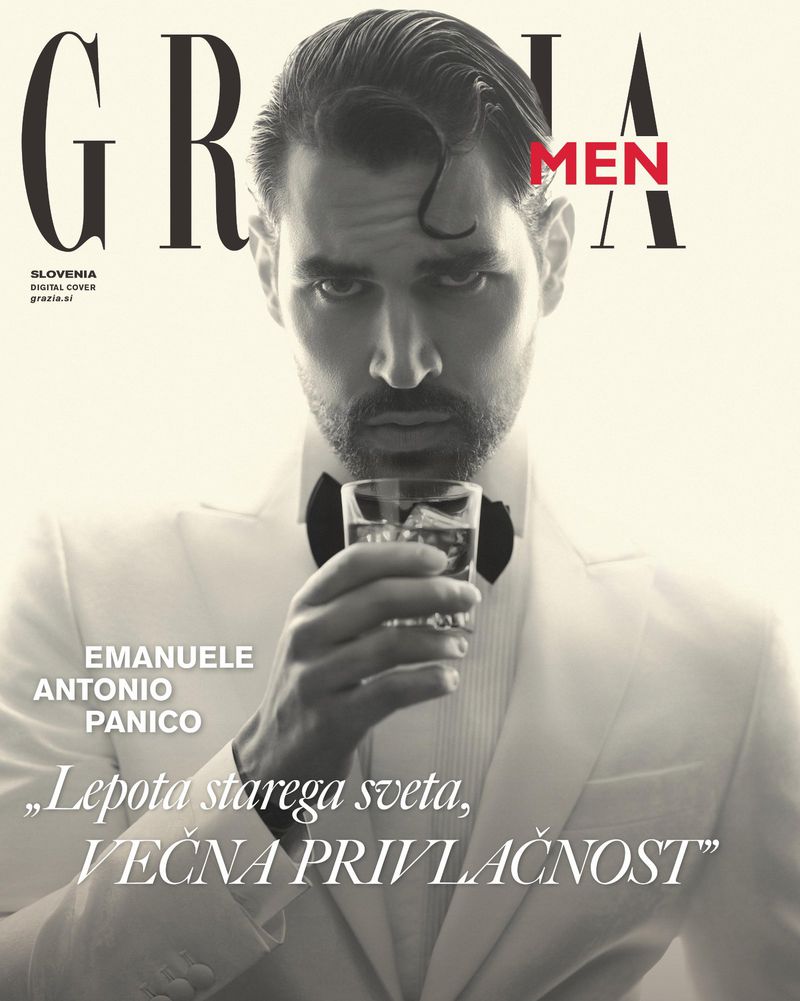 Monochrome portrait of a man in a suit holding a drink on a magazine cover, featuring the 'GRAZIA MEN' logo and text overlay.