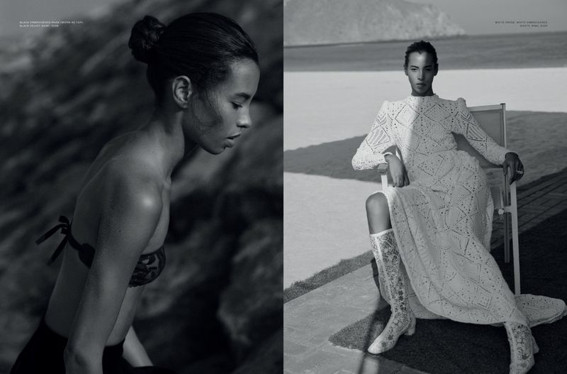 Monochrome diptych of a woman in swimwear against a rock face and a woman in a dress sitting by the sea, creating a high-fashion contrast.