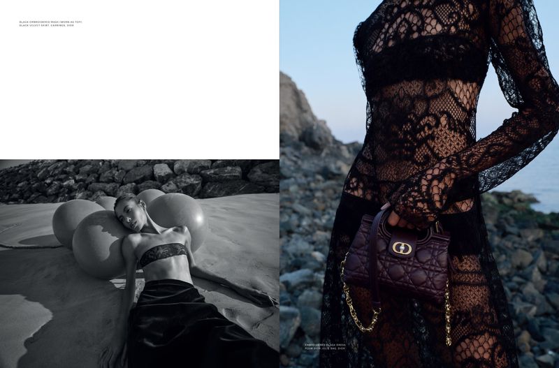 Black and white fashion shot with a woman on a beach and a color image of a woman with a maroon handbag with a black lace dress.
