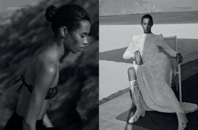 Black and white fashion editorial diptych of a woman in profile and seated outdoors wearing a long white patterned lace dress.