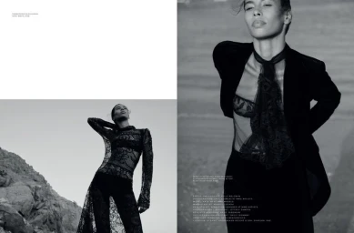 Black and white fashion editorial spread featuring a woman posing outdoors in a sheer black lace dress and a velvet jacket.