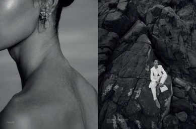 Monochrome fashion editorial diptych featuring a close-up profile and a model seated on dark rocky terrain
