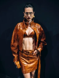 Model wearing a brown leather jacket and matching skirt against a black backdrop