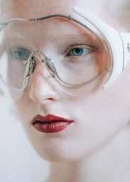 Close-up portrait of a model wearing futuristic white visor sunglasses and red lipstick against a plain white background.