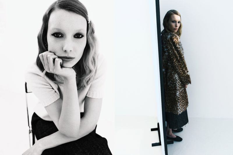 Black and white diptych of a young woman with dramatic eye makeup seated and looking at the camera, with a leopard print coat.