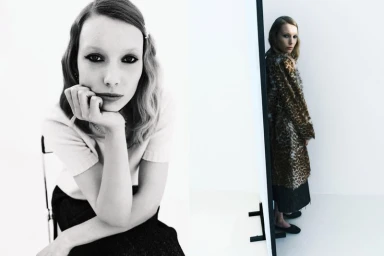 Model Demy de Vries with bold dark eyeliner posing for Rika Studios in a split composition portrait by Casper van der Linden.